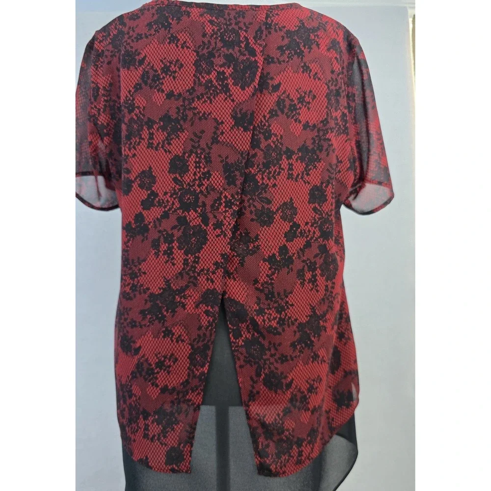 Michael Kors Layered Chiffon Blouse Womens PL Red Black Floral Mesh Split Back